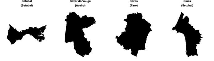 Setubal, Sever do Vouga, Silves, Sines outline maps vector