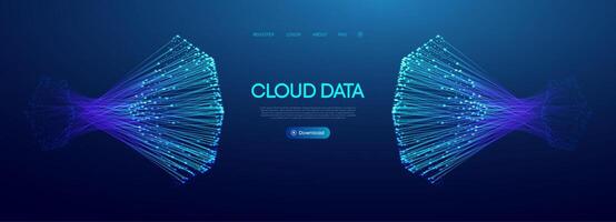 Cloud data flow abstract background. Big Data ai and digital line circle connections. Futuristic tech network for secure iot servers or 3d information space. Neon particle torus system in light vector