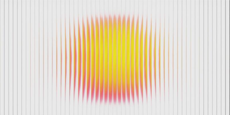 Abstract glass gradient circle with neon ribbed effect and reeded sphere texture. Futuristic fractal pattern for holographic background or tech backdrop. Vibrant rainbow blob with fluid yellow blend.