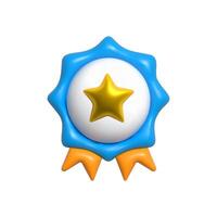 3D award blue ribbon badge with a golden star in the center, isolated on a white background. Glossy achievement 3d medal symbolizing excellence, recognition, success, and premium quality in vector