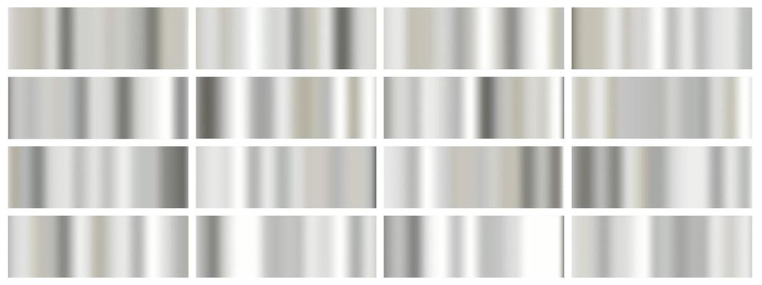 Silver metal foil set with gradient backgrounds. White glossy paper effect blends chrome glass with smooth gray gradation. Abstract mirror surface with shiny steel reflection for luxury design.