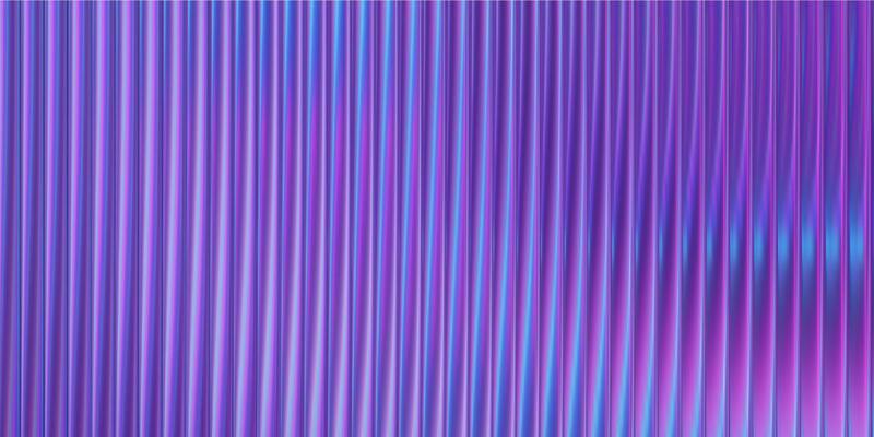 Ribbed purple glass background with iridescent gradient and blue metal effect. Abstract fractal pattern with neon light waves wall design. Translucent prismatic surface with fluted diamond texture.