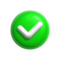 3D Green Check Icon. Tick Mark Symbol to Indicate Yes or OK. Circle checklist app button. Vote verify box. vector