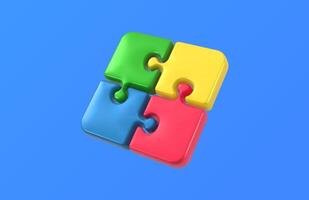 Colorful 3D puzzle pieces in green, yellow, blue, and red connected at an angle on a vibrant blue background. Glossy jigsaw pieces symbolizing teamwork, problem solving, unity, and collaboration. vector