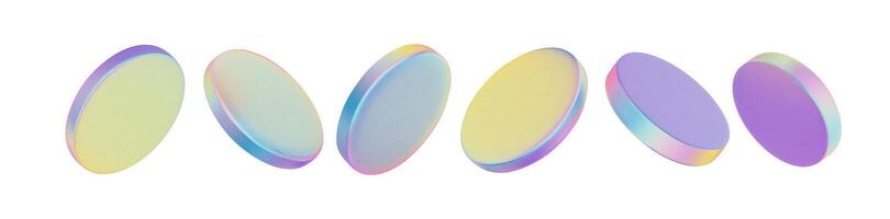 3D hologram coin icons floating with holographic glass effect. Chrome metal badge and crystal sphere shine in neon light. Round currency disc glows with gradient on white background. vector