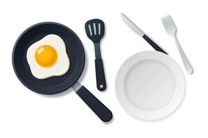 Fried egg in a frying pan and kitchen utensils for eating food isolated on a light background. vector
