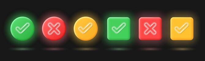 Realistic check mark and cross icons of round and square shapes in 3D style with neon elements isolated on black background. vector