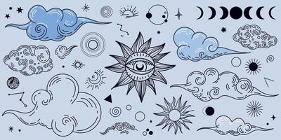 Set of magic and clouds, an image of a magical blue, starry sky with a crescent moon. vector