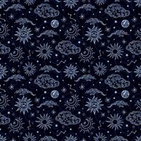 Seamless image of a magical, starry sky with a crescent moon. Packaging and fabric design. vector