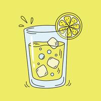 Lemonade. Glass of fresh juice with slice of a lemon isolated on a yellow background. Refreshing summer drink with lemon, ice cubes, and bubbles. Hand-drawn beverage illustration in flat style vector