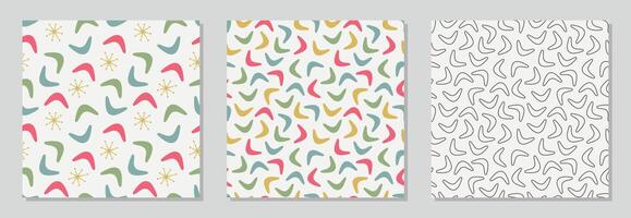 Set of three seamless boomerang patterns with abstract, playful and outlined looks. Recolorable seamless boomerang patterns for printing and digital use vector