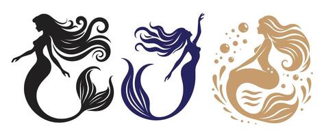 Stylized Mermaid Silhouettes in Black Blue and Gold Featuring Elegant Tails and Enchanting Poses for Mythical and Fantasy Design Themes vector