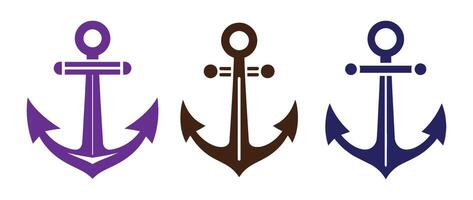 Stylized Anchor Icon Set in Blue Purple and Brown Color Scheme Ideal for Nautical Decor Marine Graphics and Creative Design Themes vector