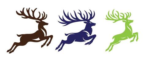 Stylized silhouette illustration of three jumping deer with antlers in brown blue and green colors representing nature wildlife and motion vector