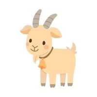 Charming beige goat cartoon with curved horns, tiny beard, and orange bell collar. Ideal for farm scenes and rustic animal artwork vector