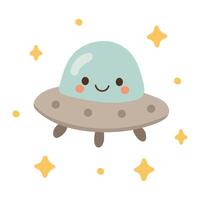 Playful gray UFO cartoon with blue dome and floating yellow stars. Fun sci-fi graphic perfect for alien themes and space designs vector
