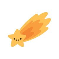 Smiling yellow shooting star with fiery orange trail and glowing design. Fun celestial element for night sky themes and kids illustrations vector