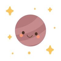 Smiling brown planet cartoon with soft swirls and dotted space background. Perfect for solar system themes, cosmic art, and educational designs vector