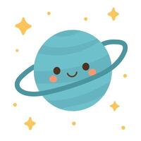 Kawaii Saturn with glowing rings and rosy cheeks floats in space, ideal for astronomy learning visuals, celestial kids posters, or space-themed designs vector