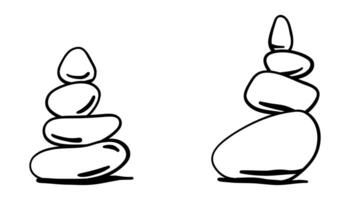 Set of zen stone cairns in doodle outline style. Hand drawn symbols of balance, harmony, yoga, and relaxation. Minimal boho stone pyramids. clipart for posters or prints. vector