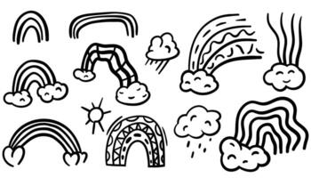 Radiant rainbow doodle set. Cute hand drawn illustration of colorful sketch rainbows. Fun decorative elements for kids, pride, nursery, or playful design themes. vector