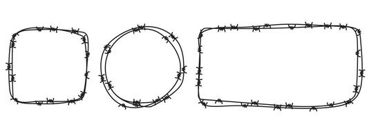 Set of barbed wire frames in hand-drawn sketch style. design elements for military, prison, slavery or security concepts. Rough metal border illustration. vector