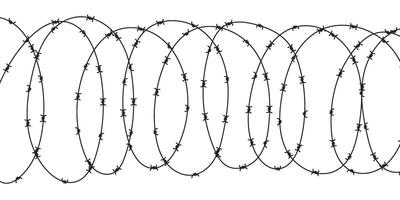 Barbed wire border. Metal barb fence silhouette in minimal style. Prison, war or security concept. Chain wire line background. Isolated barbwire design. vector