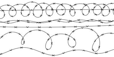 Set of various barbed and razor wire. Wavy security fencing in scalable style. Military, prison or restricted area protection design. Sharp metal border elements. vector