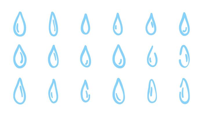 Set of hand drawn water drops in doodle style. illustration of water drop icons. Sketchy liquid symbols, rain or splash elements. Isolated on white background.