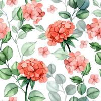 seamless pattern of pink hydrangea flowers and eucalyptus leaves. watercolor print delicate illustration. vector