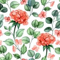 seamless pattern of pink hydrangea flowers and eucalyptus leaves. watercolor print delicate vector