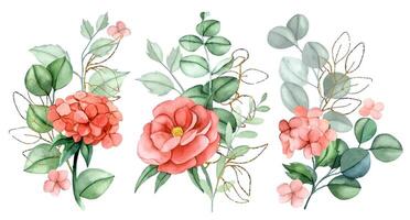 set of bouquets of pink flowers and eucalyptus leaves with golden elements. watercolor compositions vector