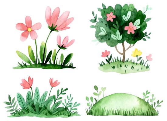 Set of meadows with flowers and bushes. Watercolor cartoon illustration.