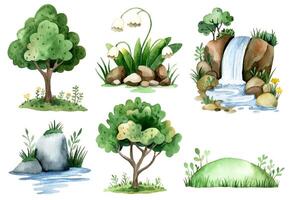 Set of nature elements with flowers, trees and meadow. Watercolor cartoon illustration. vector