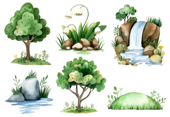 Set of nature elements with flowers, trees and meadow. Watercolor cartoon illustration.