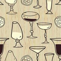 Seamless vertical cocktail drink pattern featuring handdrawn glasses and citrus on beige striped background. Great for digital papers, eco packaging, and bar menus. vector