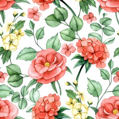 seamless pattern of pink hydrangea flowers, peony and eucalyptus leaves. watercolor print delicate illustration