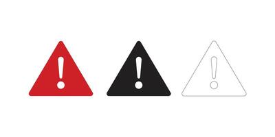 Three exclamation mark warning symbols in triangles red black and outline vector