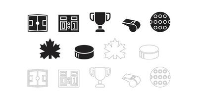 Collection of hockey and sports icons featuring a rink scoreboard trophy whistle puck and maple leaf vector