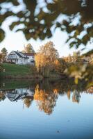 reflections dance on the still waters of Holmendammen Lake in Oslo, surrounded by colorful trees and hillside homes under a crisp, cloudless sky photo