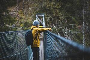 hiker pauses on a suspension bridge deep in Oslo Marka, wrapped in autumn quiet and forest air, blending stillness with scenic exploration. Enjoying view photo