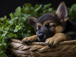 A adorable newborn German Shepherd puppy is relaxed and sleeping soundly in a woven basket filled with lush green leaves photo
