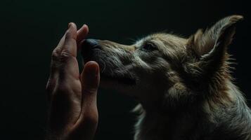 A dog reaches out its paw to touch a man's hand, creating a tender moment of connection in a soft-lit setting photo