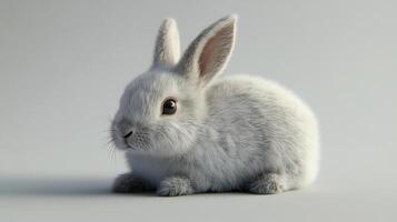 White rabbit sits quietly, its big eyes reflecting curiosity and innocence in a tranquil setting, showcasing ultra-realistic details photo