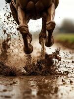 Hooves of a racing horse kick up mud while sprinting on a saturated track during an intense race, showcasing speed and power photo