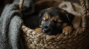 A newborn German Shepherd puppy sleeps soundly, nestled in a woven basket surrounded by soft blankets and warm textures photo