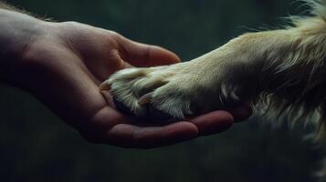 A dog offers its paw to a man's open hand, creating a connection that highlights their companionship and trust photo