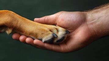 A dog rests its paw softly on a man's open palm, symbolizing trust and companionship during a warm interaction shared between them photo