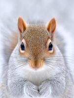 A playful squirrel gazes directly at the camera while standing amidst soft, white snow in a tranquil winter setting, highlighting its keen expression photo