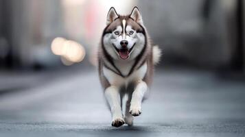 A playful Siberian husky dashes down a city street, showcasing its striking coat and lively spirit in a sunny urban setting photo